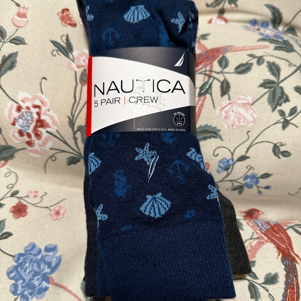 🧦 NWT Nautica 5-Pair Crew Socks Navy Blue Marine Nautical Print Men’s 6–12.5
